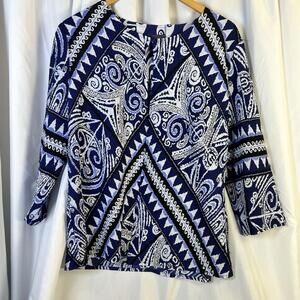 Chico’s Travelers Crinkle Texture Printed Jacket Blue Abstract  Sz L/2
